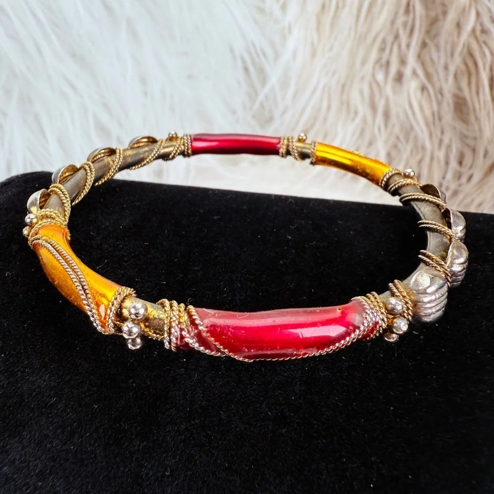 Vintage aged Goldtone and Red Bangle Bracelet